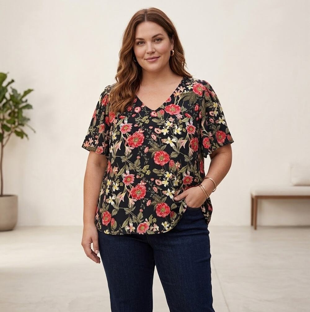 LC Lauren Conrad XXL Black Floral Flutter Sleeve Blouse NWT
